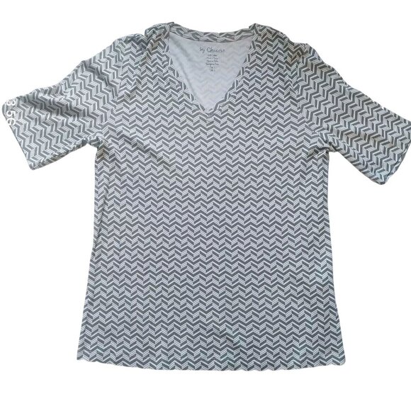 Chicos Womens White & Gray Chevron V-Neck Short Sleeve Top Size 2 100% Cotton - Picture 1 of 10
